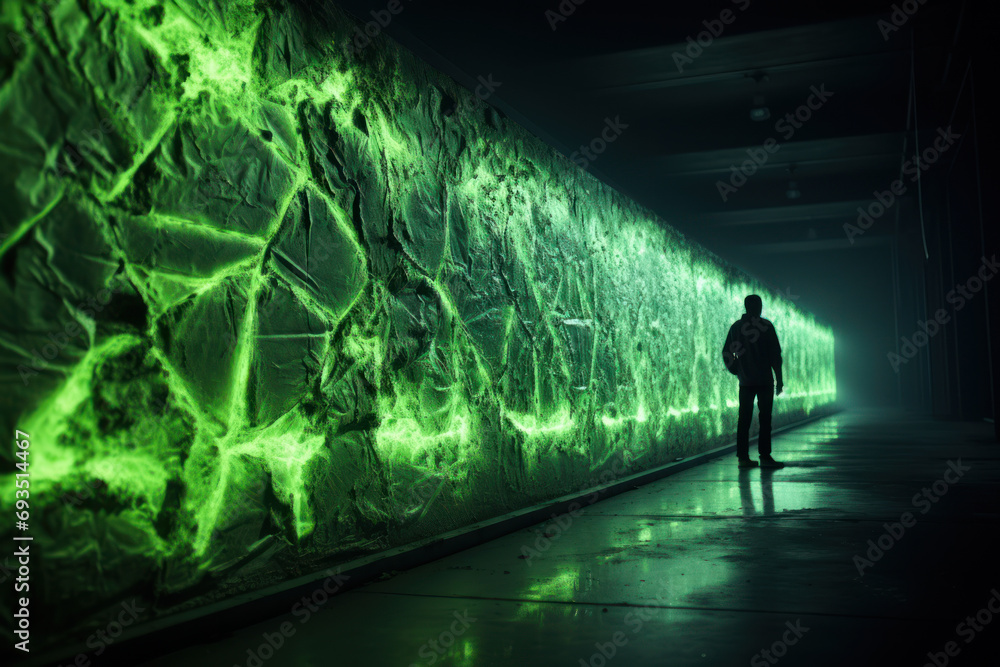 Fototapeta premium Glow-in-the-dark paint revealing hidden patterns on a wall, demonstrating the playful and artistic application of luminescent materials. Generative Ai.