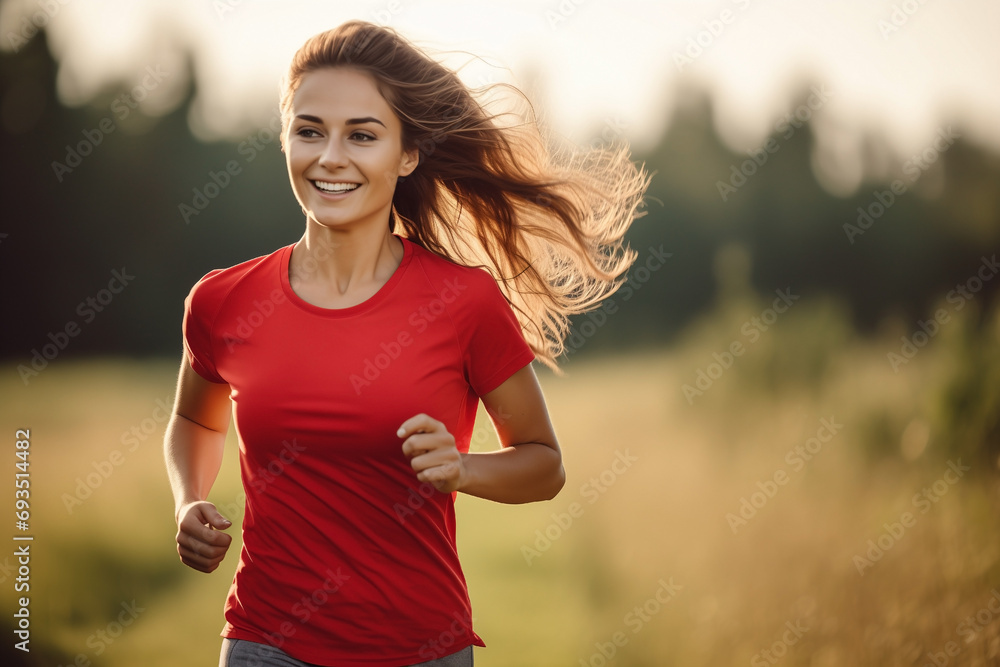 happy woman in red t-shirt sports jogging in nature, blurred background, hair blowing happy woman in red t-shirt sports jogging in nature, blurred background, hair blowing