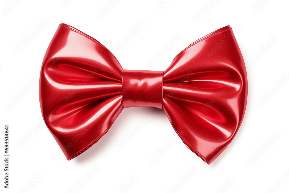 neon foil bow decoration holiday, red color metallic, isolated on white background