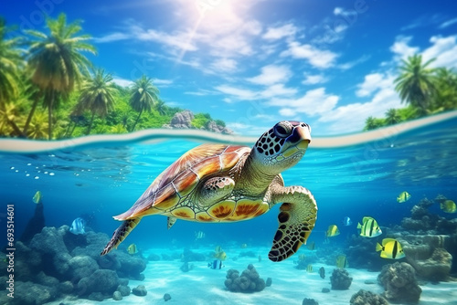 A green turtle underwater in the ocean