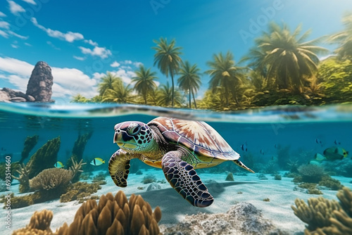 A green turtle underwater in the ocean