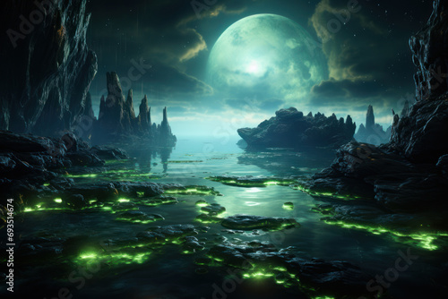 Luminescent algae creating an otherworldly glow in a darkened pond, highlighting the intriguing aspects of bioluminescent ecosystems. Generative Ai.