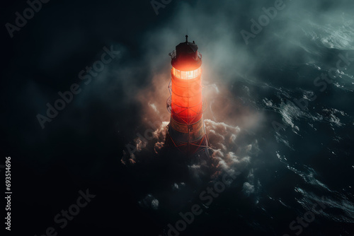 The luminescence of a lighthouse beacon cutting through the mist, serving as a navigational guide for ships at sea. Generative Ai.