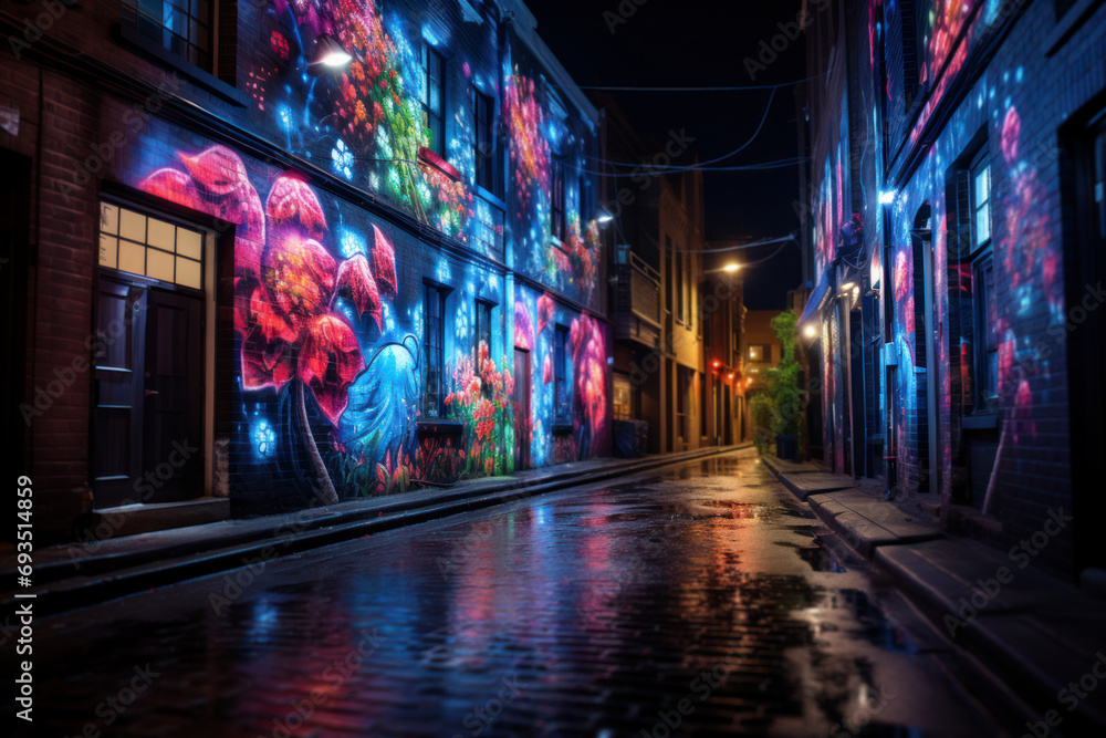 Fototapeta premium Luminescent street art transforming a mundane alley into a captivating and vibrant outdoor gallery, inspiring creativity in urban spaces. Generative Ai.