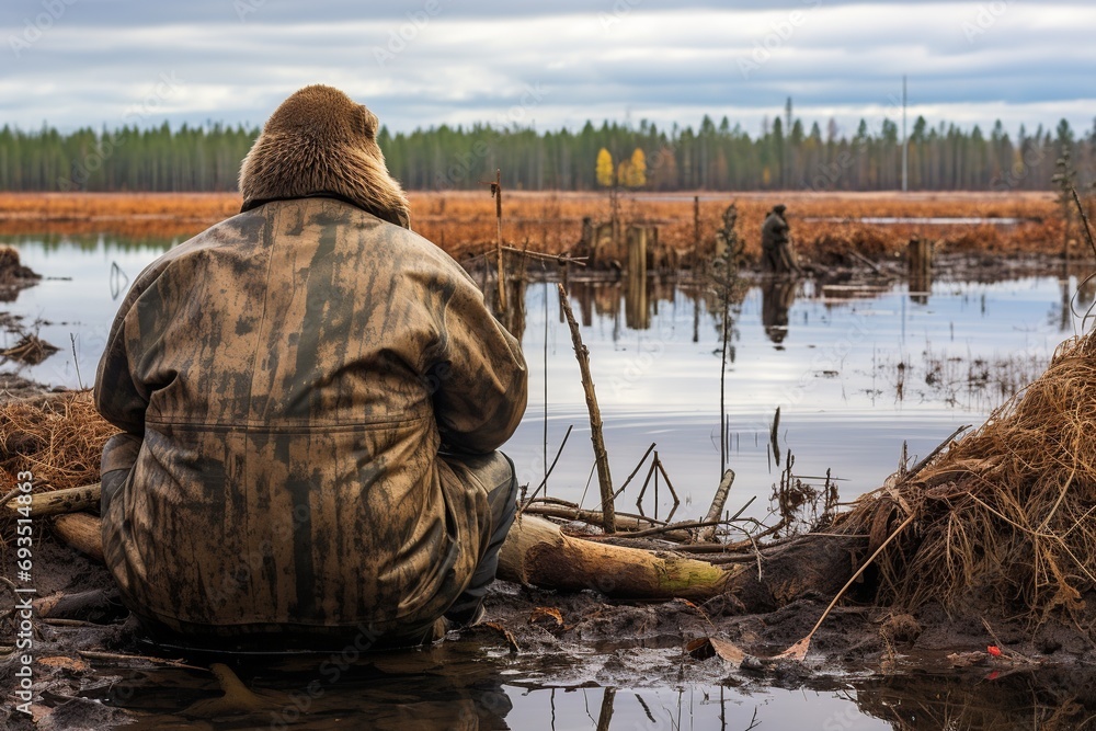 Obraz premium Step into the tranquil world of a beaver hunter as they patiently await amidst the gentle morning light. With unwavering focus, they scan the serene surroundings