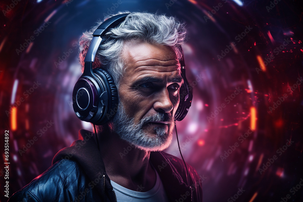 Generative AI image artwork of dreamy cheerful person listening to modern music on neon illuminated background Generative AI image artwork of dreamy cheerful person listening to modern music on neon illuminated background