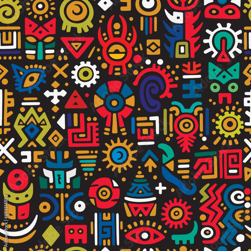 Tribal african mexican style ethnic hand drawn doodle symbols and signs seamless pattern. Trendy vector african background with symbols set. Isolated colorful decorative design. For fabric, prints