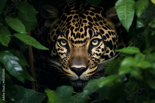 male jaguar lurking in forest among green leaves, close-up, camouflage, spotted