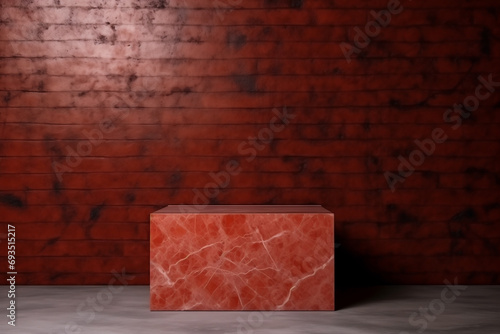 podium red rectangular marble empty table before dark brick wall photo