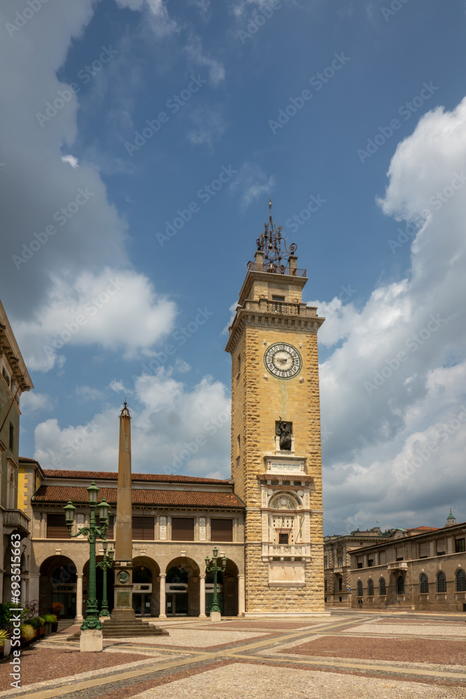 Tower Torre dei Caduti, located on Piazza Vittorio Veneto in the lower part of Bergamo city. Part of the network of the Bergamo History Museum