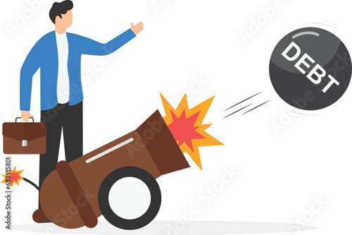 Pay off debts, loan or mortgage, solution to solve problems, obligation free, motivation to financial success concept, strong businessman shot put throwing debt weight away metaphor of pay of debts.

