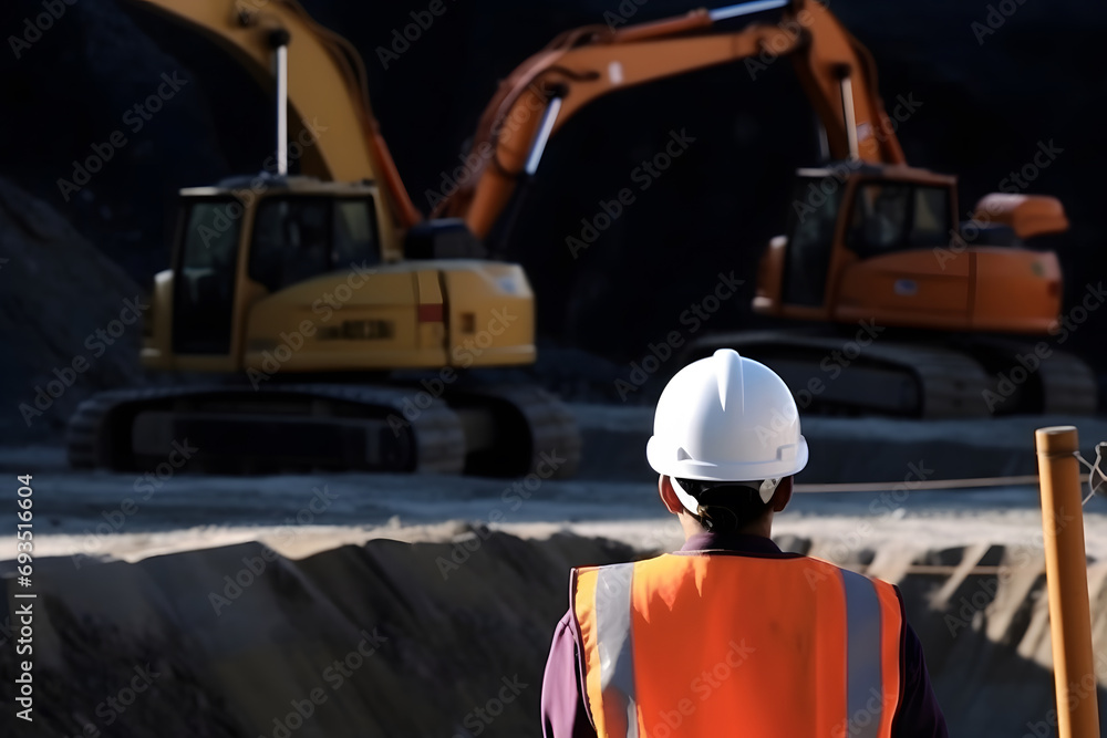 Construction engineer supervising work at building site. Neural network AI generated art