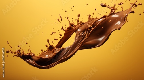 Chocolate splash on yellow background. Chocolate milk splash and drops. Brown Liquid