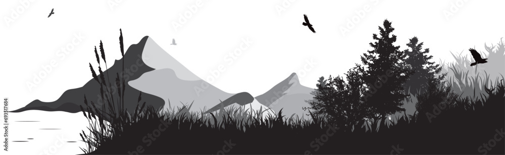 Vector illustration of a forest with lake and mountains in the background. Symbol of nature and wild. Vector illustration of a forest with lake and mountains in the background. Symbol of nature and wild.