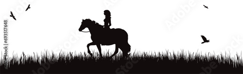 Vector silhouette of woman with her horse in park. Symbol of nature and horse riding. photo