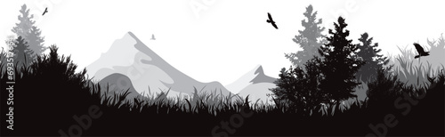 Vector illustration of a forest with mountains in the background. Symbol of nature and wild.