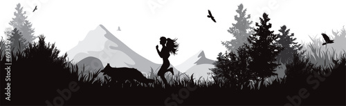 Vector silhouette of woman running with her dog in park with mountains in the background. Symbol of nature and sport.