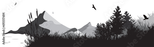 Vector illustration of a forest with lake and mountains in the background. Symbol of nature and wild.