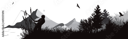 Vector silhouette of a fisherman fishing on a lake in a park with mountains in the background. A symbol of nature and sport.