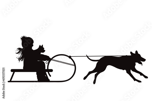 Vector silhouettes of girl who is sledding with his dog on white background. Symbol of pet and sport.