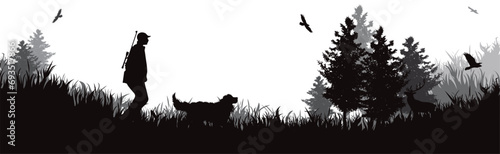 Vector silhouette of hunter with his dog in forest. Symbol of hunting and nature.