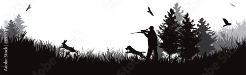 Vector silhouette of hunter with his dog in forest. Symbol of hunting and nature. photo