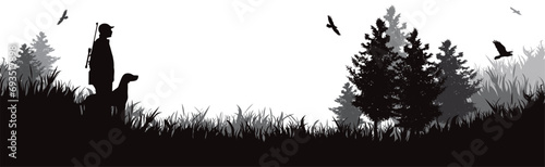 Vector silhouette of hunter with his dog in forest. Symbol of hunting and nature.
