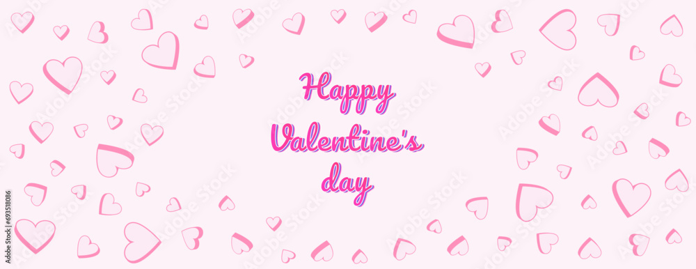 Pastel pink banner happy Valentines day. Background with set vector creative cute simple hearts. Horizontal border with copy space. Suitable for email header, post in social networks, advertising
