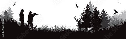 Vector silhouette couple of hunters in forest. Symbol of hunting and nature.