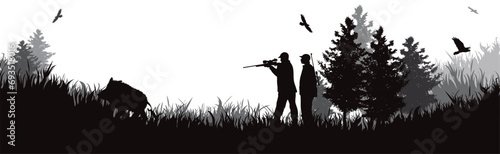 Vector silhouette couple of hunters in forest. Symbol of hunting and nature.
