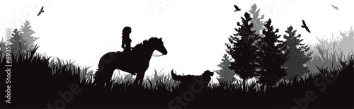 Vector silhouette of woman with her horse in park. Symbol of nature and horse riding.