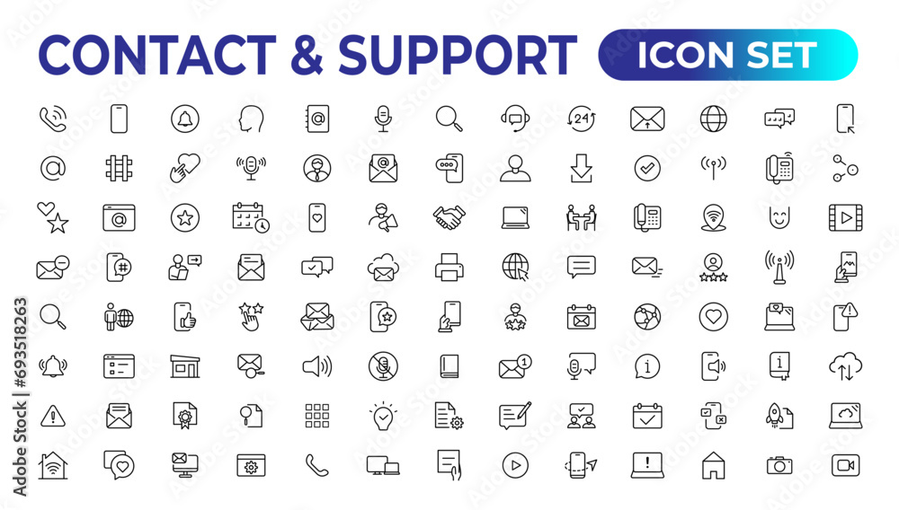 Contact and support web icons in line style. Web and mobile icon. Chat, support, message, phone. Vector illustration. Contact and support web icons in line style. Web and mobile icon. Chat, support, message, phone. Vector illustration.