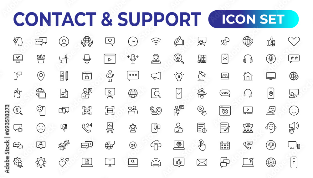 Contact and support web icons in line style. Web and mobile icon. Chat, support, message, phone. Vector illustration. Contact and support web icons in line style. Web and mobile icon. Chat, support, message, phone. Vector illustration.