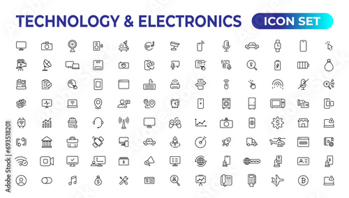 Technology and Electronics and Devices web icons in line style. Device, phone, laptop, communication, smartphone, ecommerce. Vector illustration.