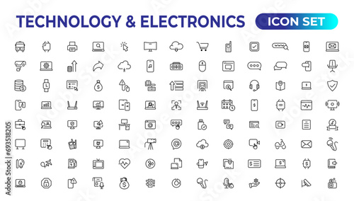 Technology and Electronics and Devices web icons in line style. Device, phone, laptop, communication, smartphone, ecommerce. Vector illustration.