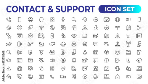 Contact and support web icons in line style. Web and mobile icon. Chat  support  message  phone. Vector illustration.