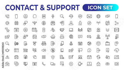 Contact and support web icons in line style. Web and mobile icon. Chat, support, message, phone. Vector illustration.