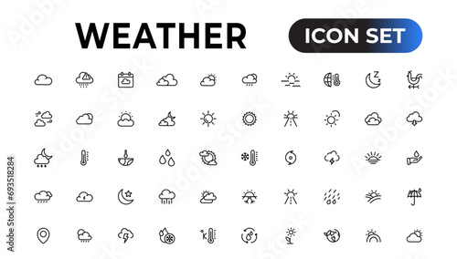 Weather icons. Weather forecast icon set. Clouds logo. Weather   clouds  sunny day  moon  snowflakes  wind  sun day. Vector illustration.