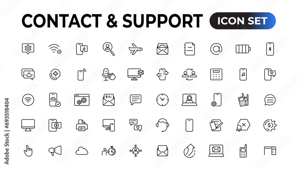 contact and communication icon. contact and support outline icon set. support and helpline line icon vector illustration.