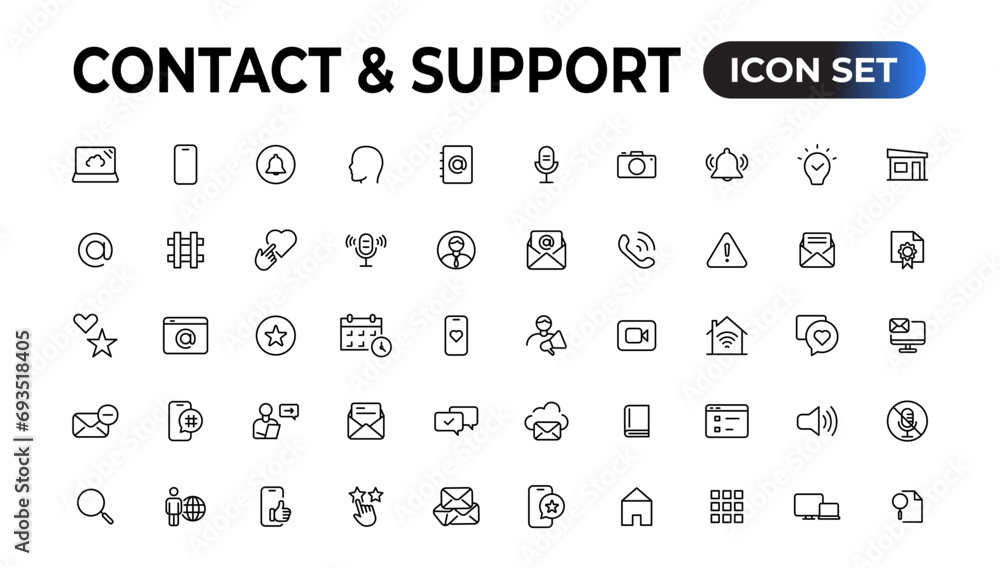 Contact and support web icons in line style. Web and mobile icon. Chat, support, message, phone. Vector illustration. Contact and support web icons in line style. Web and mobile icon. Chat, support, message, phone. Vector illustration.