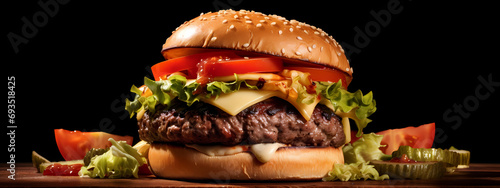 A tantalizing gourmet burger placed on the right side of the frame, featuring a juicy, perfectly grilled beef patty, topped with melted cheese, fresh lettuce, ripe tomatoes, and a shiny brioche bun
