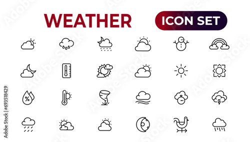 Weather icons. Weather forecast icon set. Clouds logo. Weather , clouds, sunny day, moon, snowflakes, wind, sun day. Vector illustration. photo