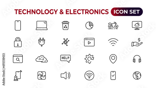Technology and Electronics and Devices web icons in line style. Device, phone, laptop, communication, smartphone, ecommerce. Vector illustration.