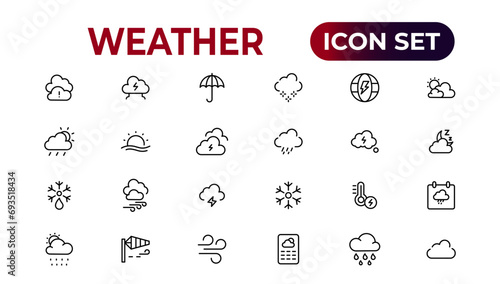 Weather icons. Weather forecast icon set. Clouds logo. Weather , clouds, sunny day, moon, snowflakes, wind, sun day. Vector illustration. photo