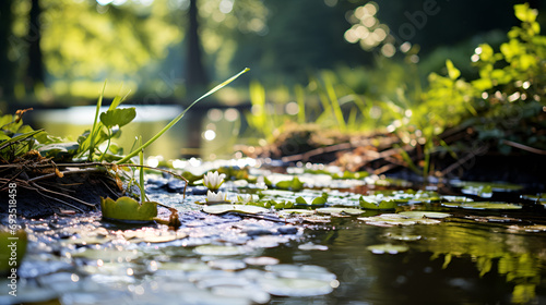 green leaves in water, nature background, A rewilded pond area in a city park, with floating plants, lily pads, and aquatic life thriving in the restored natural habitat, small river in the forest photo