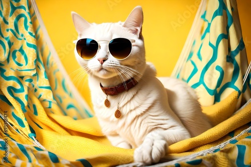 Portrait of an adorable white cat in sunglasses and an shirt, on a fabric hammock, isolated on a yellow background