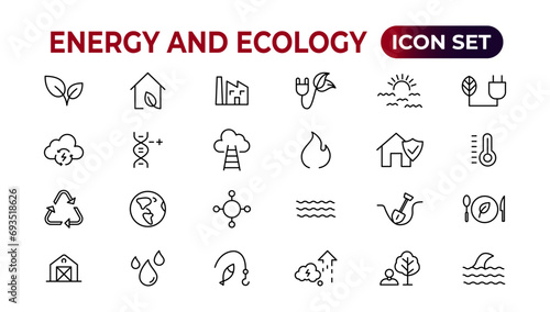Energy and Ecology Line Editable Icons set. Vector illustration in modern thin line style of eco related icons: protection, planet care, natural recycling power. Pictograms and infographics.