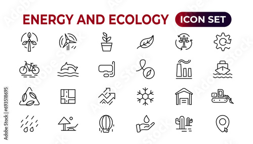 Energy and Ecology Line Editable Icons set. Vector illustration in modern thin line style of eco related icons: protection, planet care, natural recycling power. Pictograms and infographics.