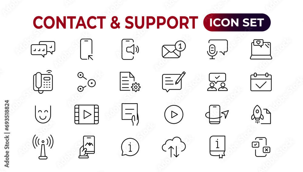Contact and support web icons in line style. Web and mobile icon. Chat, support, message, phone. Vector illustration. Contact and support web icons in line style. Web and mobile icon. Chat, support, message, phone. Vector illustration.