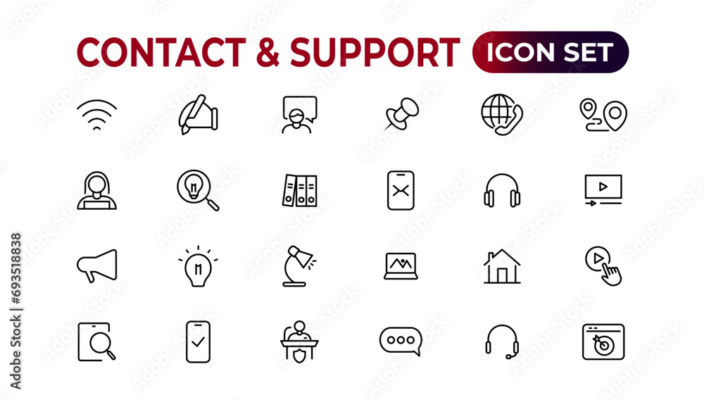 Contact and support web icons in line style. Web and mobile icon. Chat, support, message, phone. Vector illustration. Contact and support web icons in line style. Web and mobile icon. Chat, support, message, phone. Vector illustration.